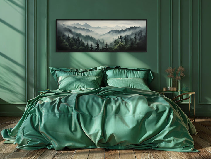 Sage Green Moody Foggy Pine Forest Mountains Landscape Above Bed Wall Art above green bed