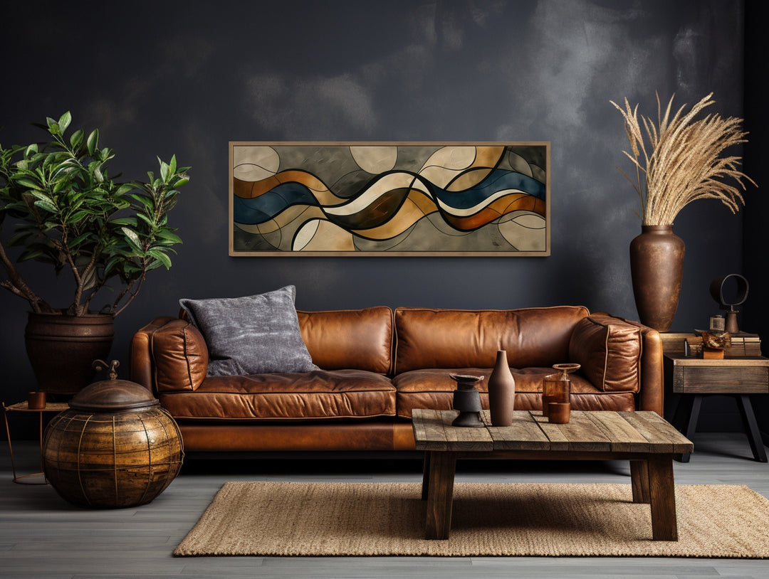 Long Narrow Earth Tones Mid Century Modern Wall Art, Brown Beige Navy Long Horizontal Painting Canvas Print, Living Room Neutral Decor