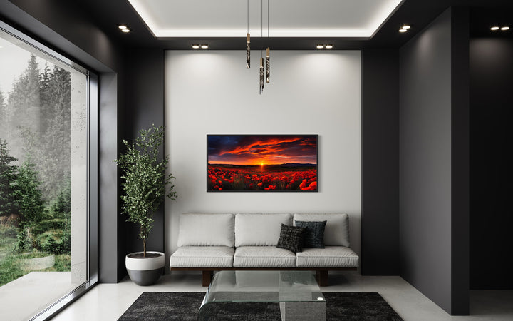 Poppies Field At Sunset Red Painting Framed Canvas Wall Art above couch