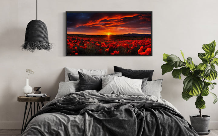 Poppies Field At Sunset Red Painting Framed Canvas Wall Art above bed