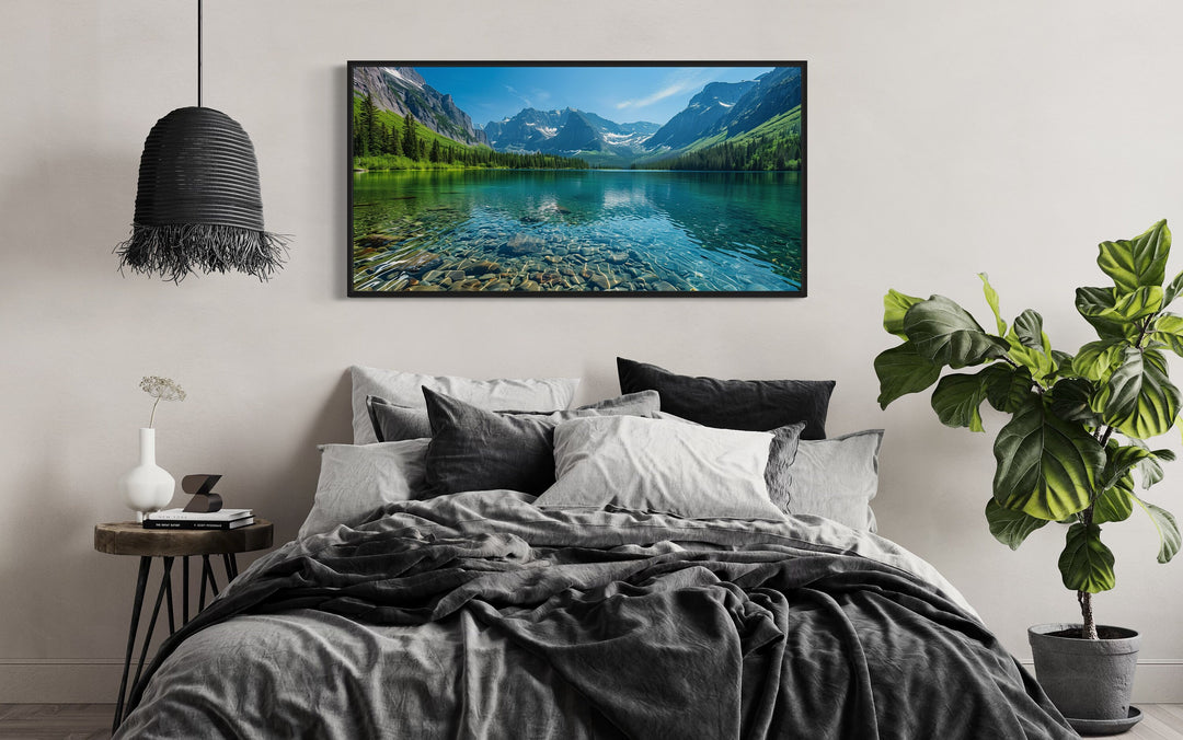 Glacier National Park Montana Landscape Framed Canvas Wall Art above bed