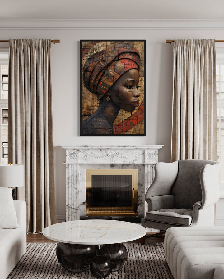 Beautiful African American Woman portrait above fireplace