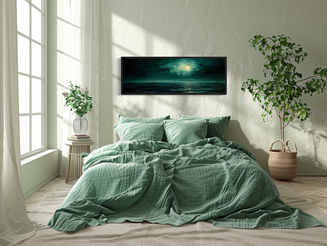 Emerald Green Ocean Seascape With Moon Over Bed Wall Art