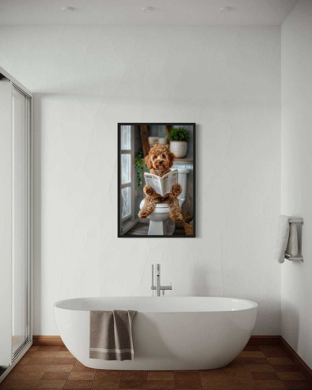 Cockapoo Dog On The Toilet Reading Newspaper Framed Canvas Wall Art above bathtub