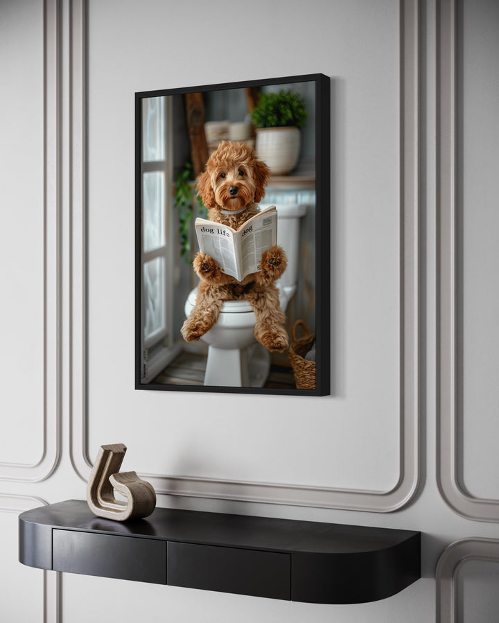 Cockapoo Dog On The Toilet Reading Newspaper Framed Canvas Wall Art side view