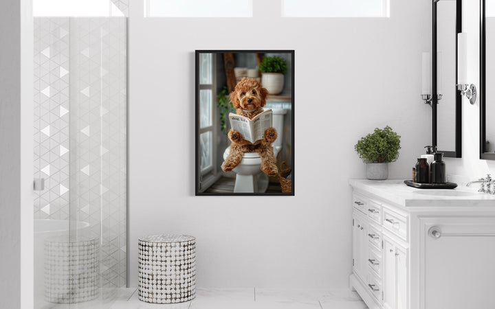 Cockapoo Dog On The Toilet Reading Newspaper Framed Canvas Wall Art in the bathroom