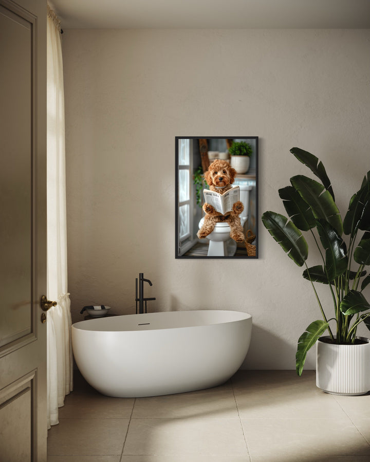 Cockapoo Dog On The Toilet Reading Newspaper Framed Canvas Wall Art in the bathroom