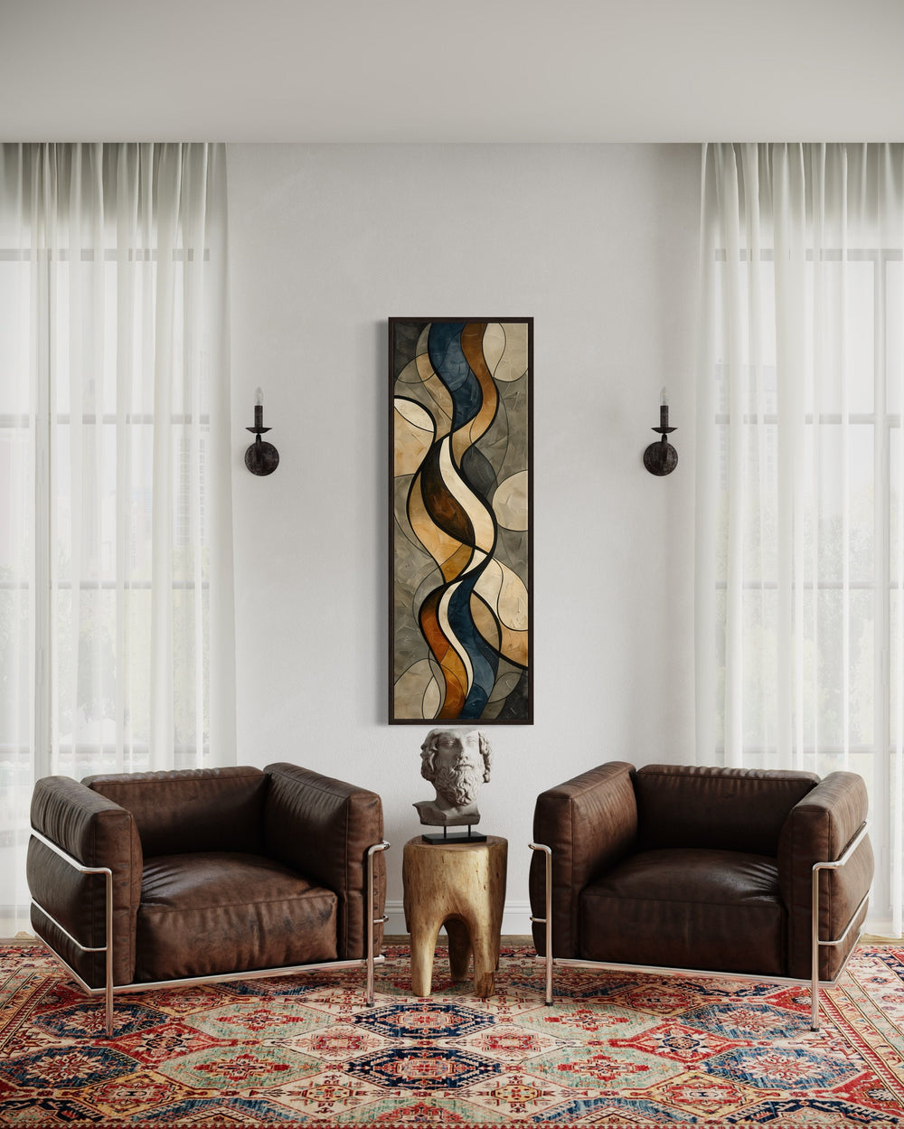 Tall Narrow Earth Tones Mid Century Modern Framed Canvas Wall Art in living room