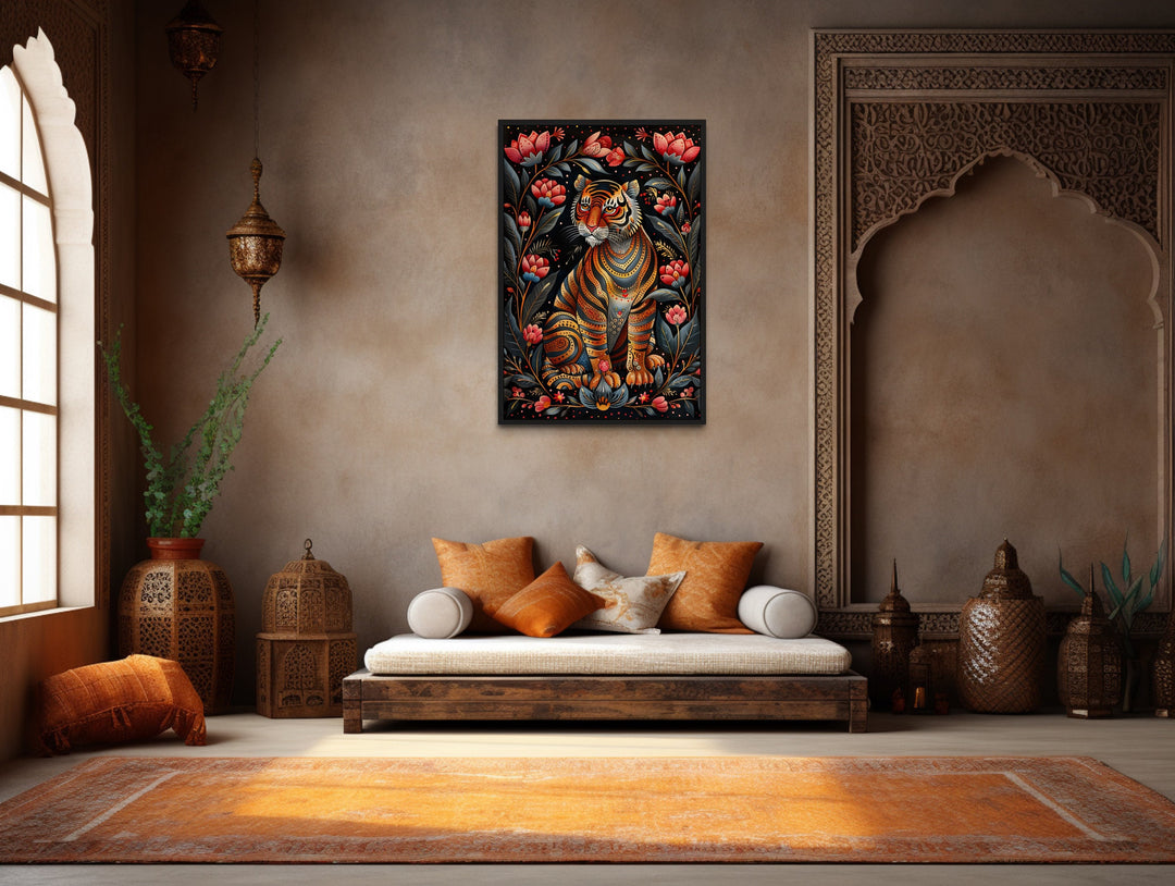 Madhubani Style Tiger Painting Framed Indian Canvas Wall Art in indian room