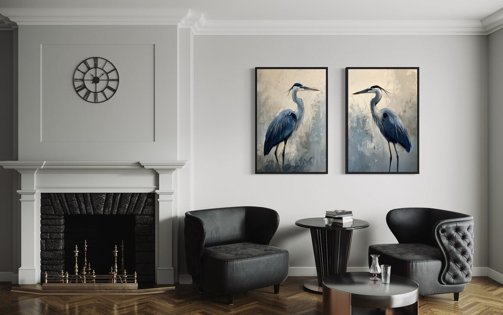 Set of 2 Blue Herons Abstract Coastal Birds Framed Canvas Wall Art in office