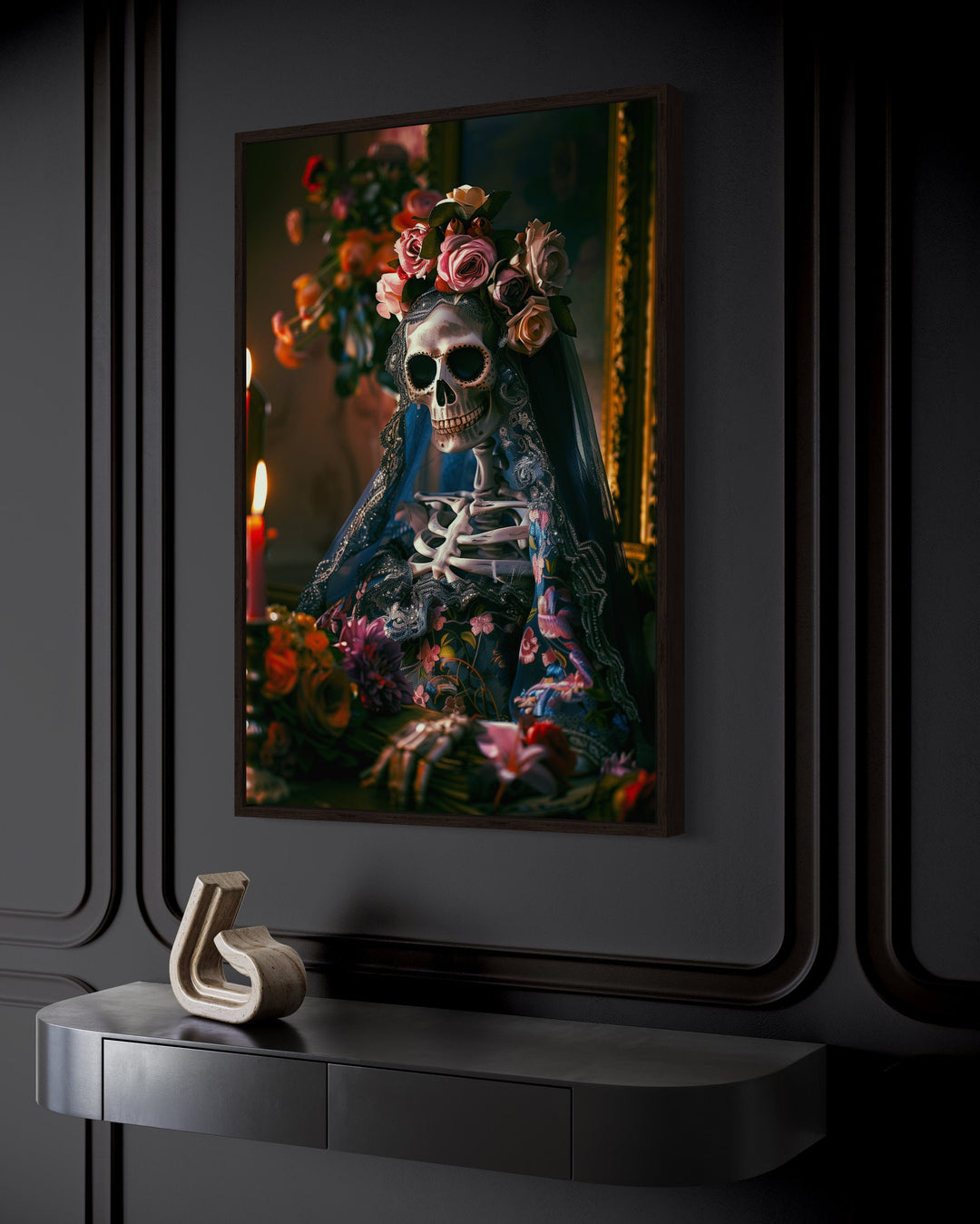 Skeleton Bride With Flowers Gothic Wall Decor side view