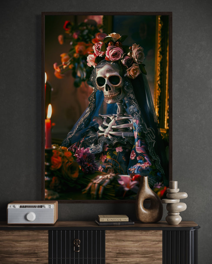 Skeleton Bride With Flowers Gothic Wall Decor close up