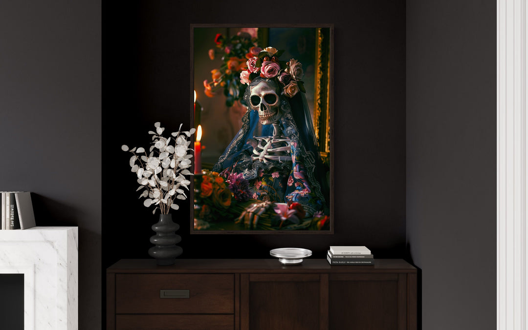 Skeleton Bride With Flowers Gothic Wall Decor in living room