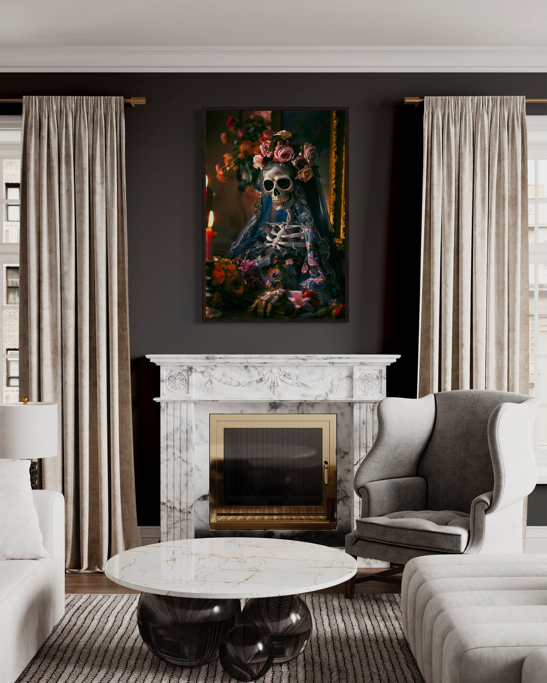 Skeleton Bride With Flowers Gothic Wall Decor above fireplace