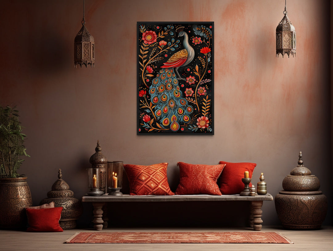 Indian Madhubani Style Peacock Framed Canvas Wall Art in indian home