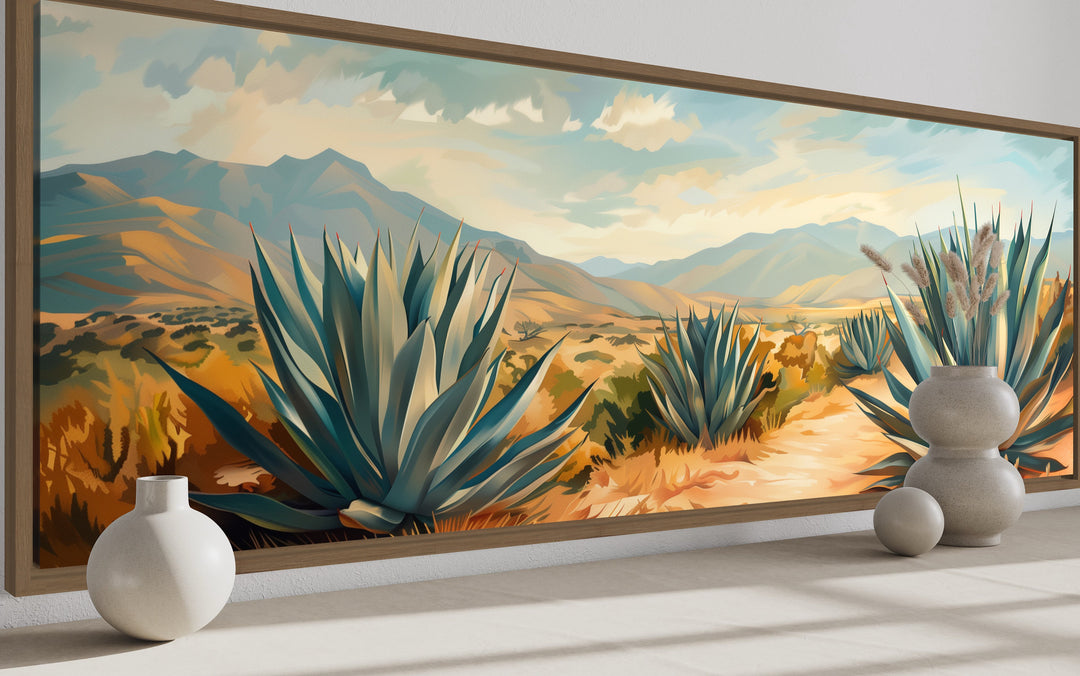 Arizona Desert Landscape With Agave Long Horizontal Framed Canvas Wall Art