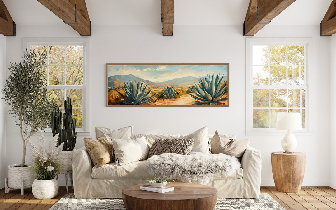 Desert Landscape Wall Art, Agave in Desert Painting Panoramic Horizontal