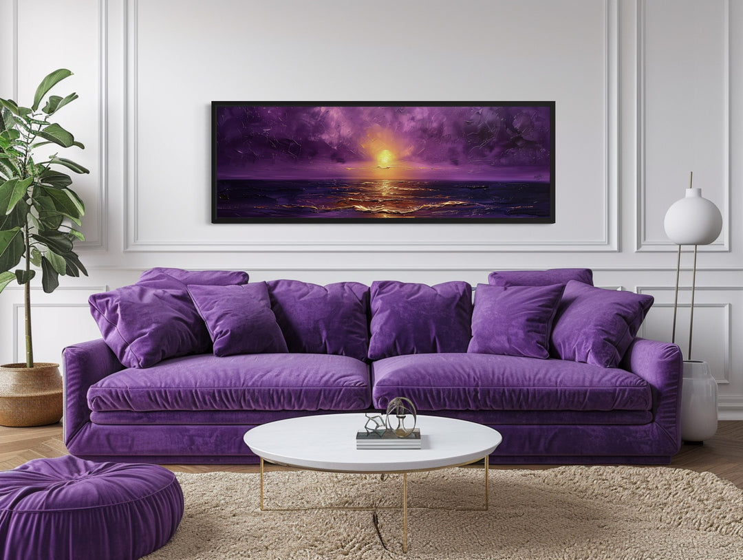 Purple Gold Ocean Sunset Long Horizontal Living Room Wall Art above sofa