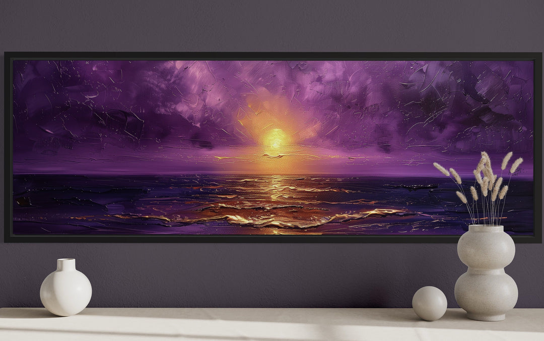 Purple Gold Ocean Sunset Long Horizontal Living Room Wall Art side view
