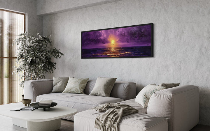 Purple Gold Ocean Sunset Long Horizontal Living Room Wall Art above grey couch
