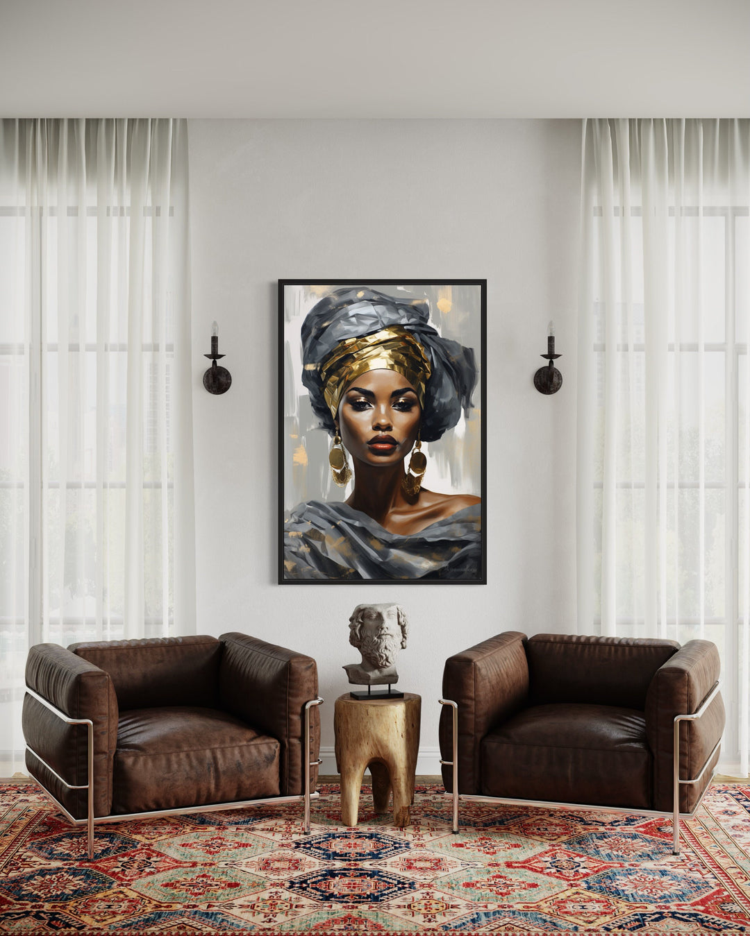 Beautiful Black Woman In Silver And Gold Canvas Wall Art between brown armchairs