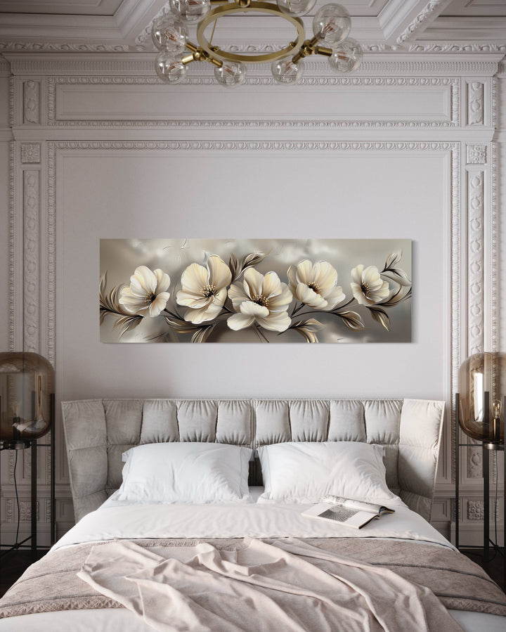 Grey Beige Ivory Large Abstract Flowers Long Horizontal Wall Art in bedroom