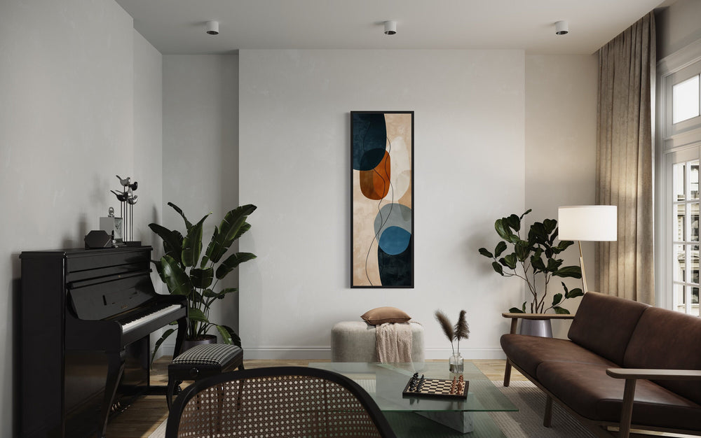 Vertical Rocks Brown Beige Navy Tall Narrow Framed Canvas Wall Art in living room