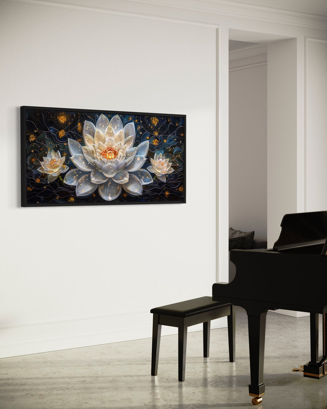 White Lotus Flower On Navy Background Zen Wall Art in living room