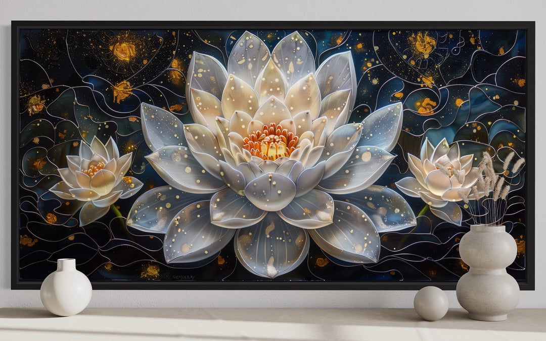 White Lotus Flower On Navy Background Zen Wall Art close up