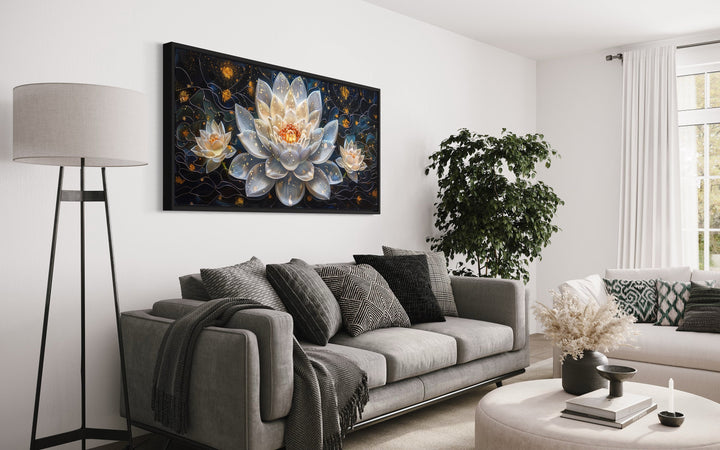 White Lotus Flower On Navy Background Zen Wall Art in living room