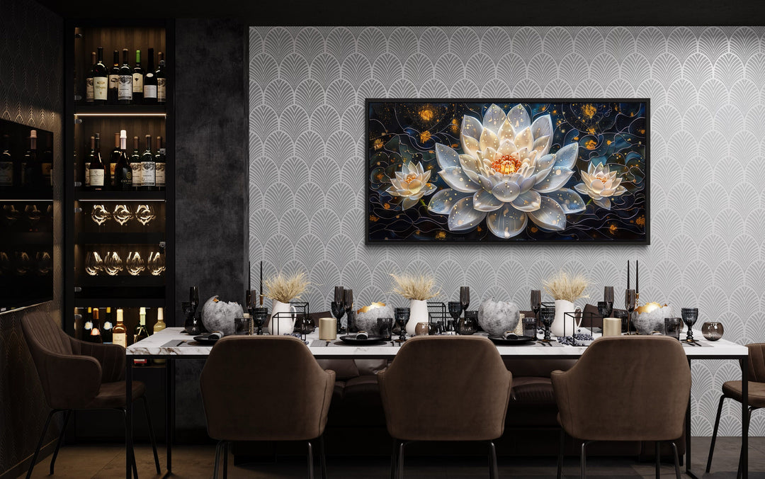 White Lotus Flower On Navy Background Zen Wall Art in dining room