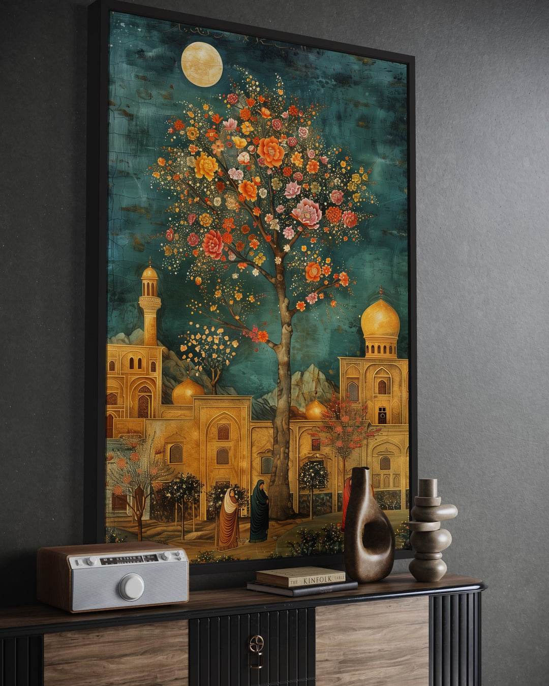 Persian Garden and Architecture Under Moonlight Framed Canvas Wall Art