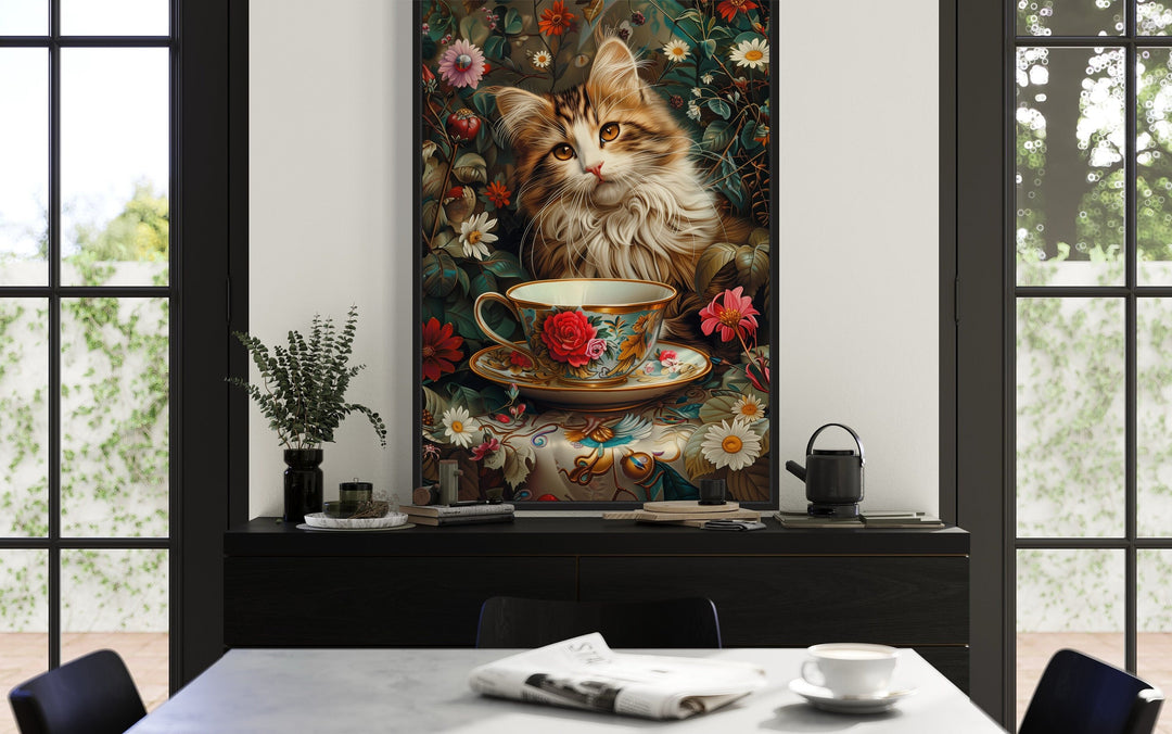 Cute Kitten With Teacup Painting Canvas Print, Kitchen Wall Decor