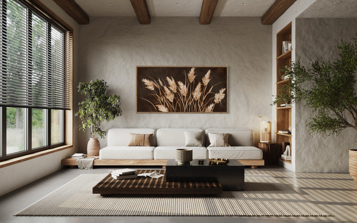 Brown Beige Grass Boho Framed Canvas Wall Art in living room
