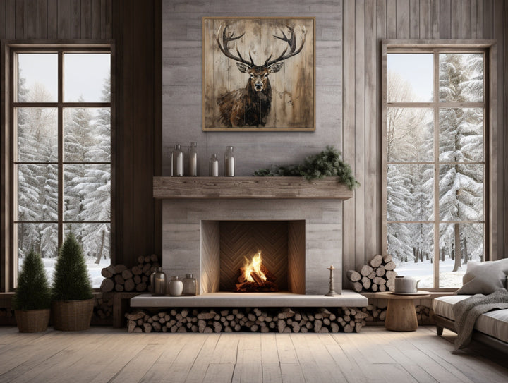 Deer Portrait on Distressed Wood Rustic Wall Art above mantel