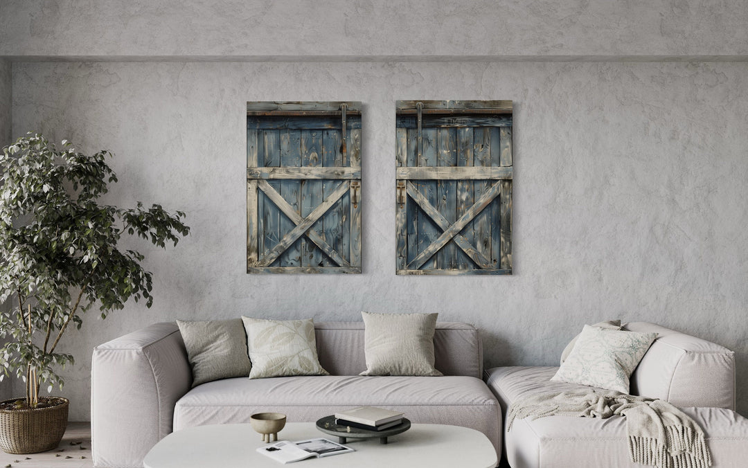 two Old Rustic Grey Blue Barn Doors Painting Canvas Print