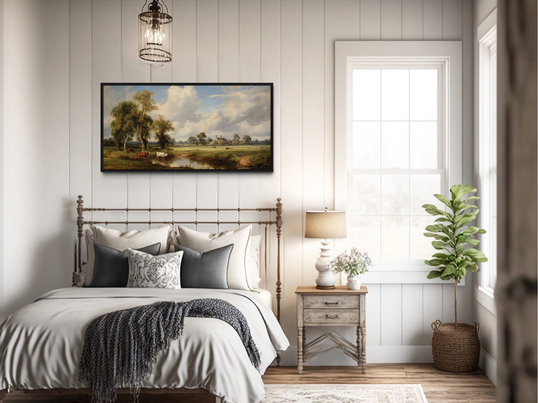 Antique Style Pastoral Country Landscape above bed