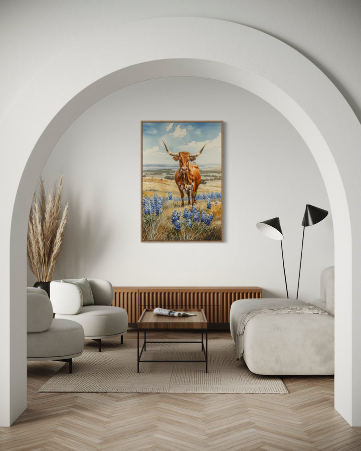 Texas Longhorn Cow In Bluebonnets Field Framed Canvas Wall Art