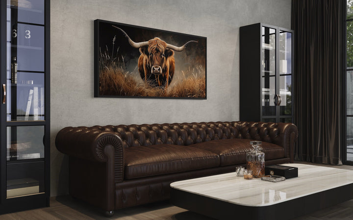 Highland Cow In Grass Dark Brown Painting Framed Canvas Wall Art above brown couch