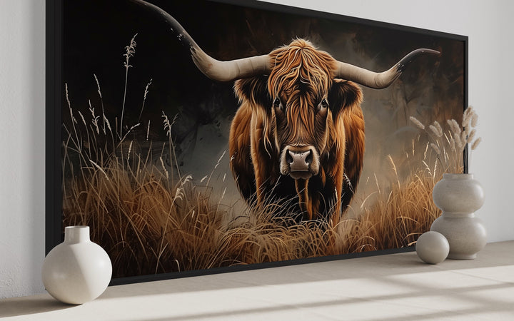 Highland Cow In Grass Dark Brown Painting Framed Canvas Wall Art side view