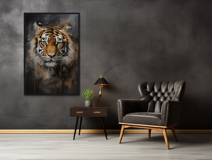 Colorful Tiger Abstract Graffiti Framed Canvas Wall Art in dark room