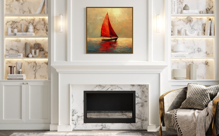 Boat With Red Sails In Golden Sunset Nautical Framed Canvas Wall Art above mantel