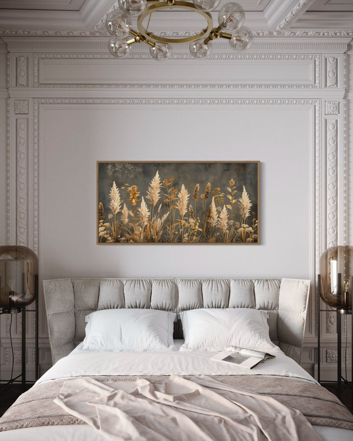 Pampas Grass On Grey Background Rustic Neutral Framed Canvas Wall Art above bed