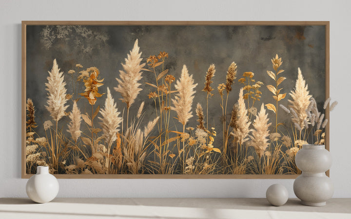 Pampas Grass On Grey Background Rustic Neutral Framed Canvas Wall Art close up