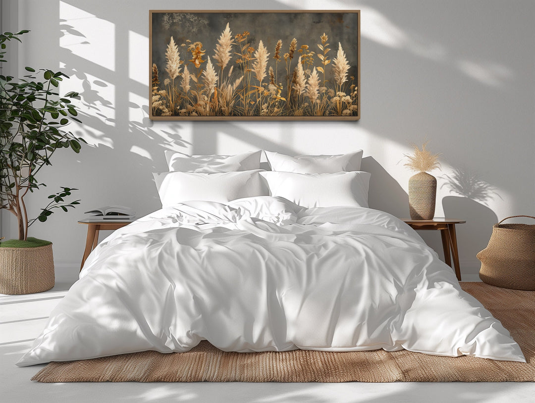 Pampas Grass On Grey Background Rustic Neutral Framed Canvas Wall Art
