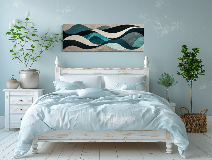 Teal Blue Grey Abstract Waves Above Bed Long Horizontal Wall Art