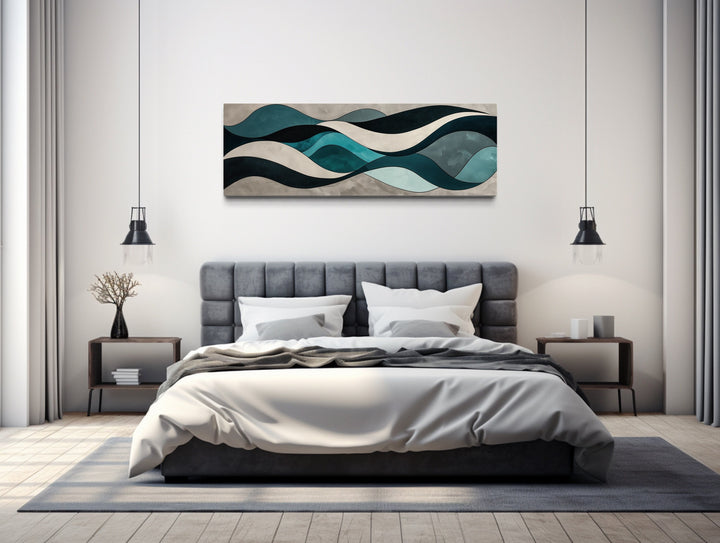 Teal Blue Grey Abstract Waves Above Bed Long Horizontal Wall Art