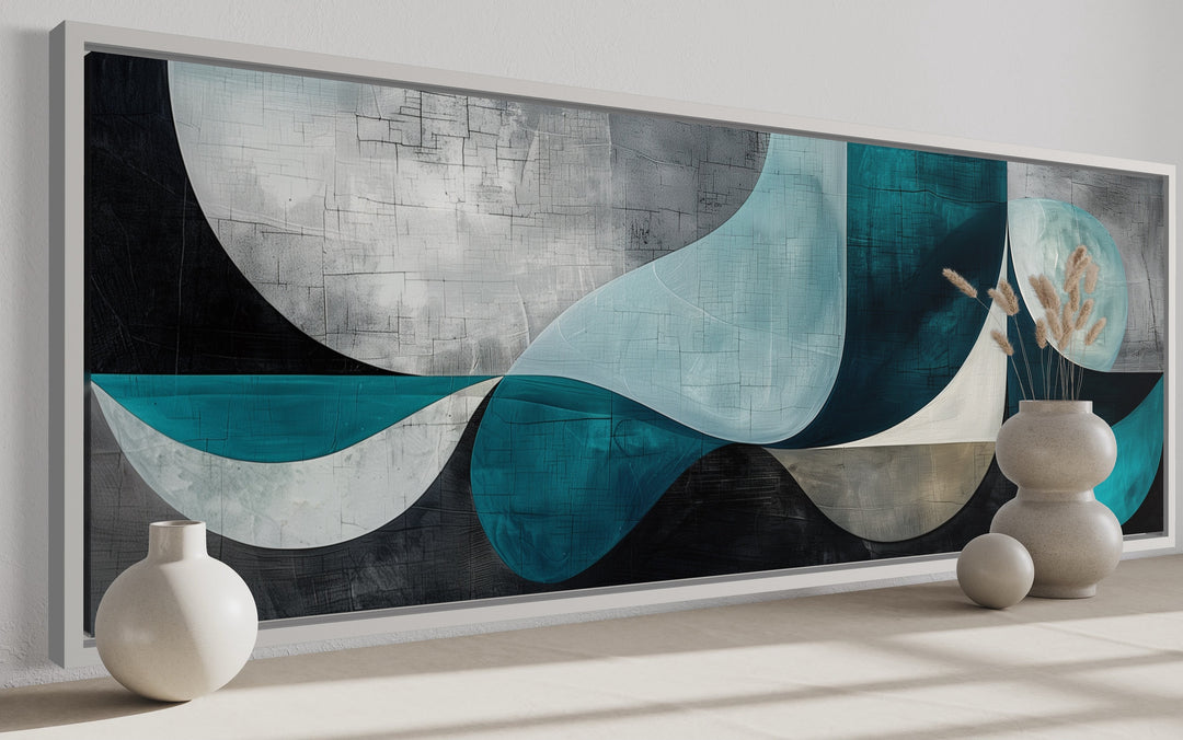 Long Horizontal Abstract Geometric Teal Blue Grey Above Bed or Couch Wall Art side view
