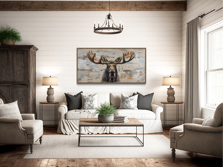 Moose Painting On Wood Extra Large Cabin Framed Canvas Wall Art in rustic cabin