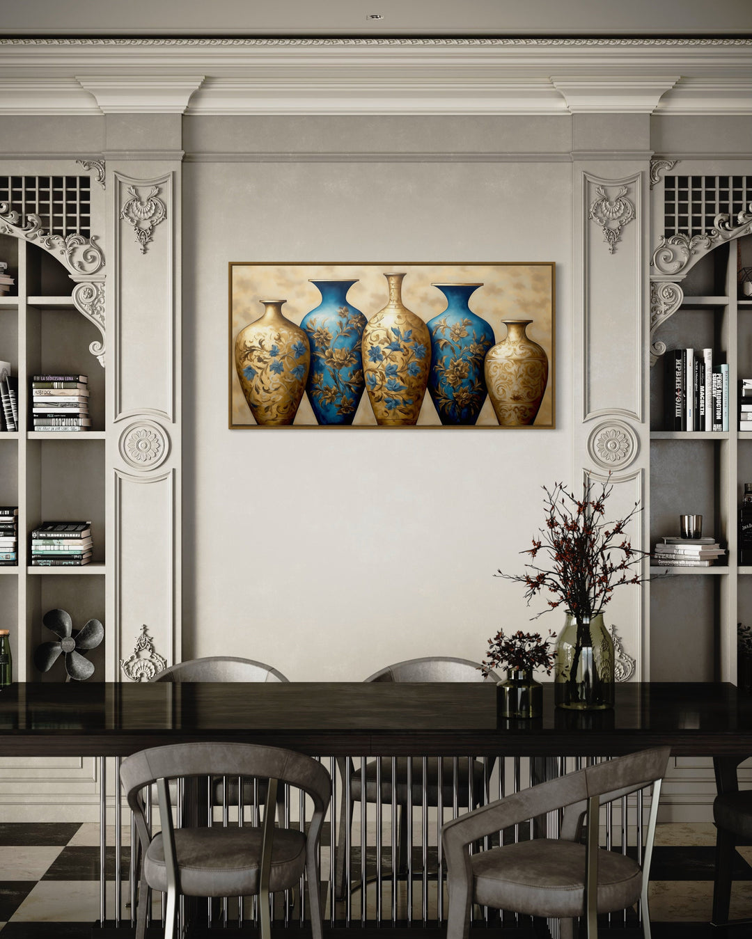 Blue Gold Vases Canvas Wall Art in dining room